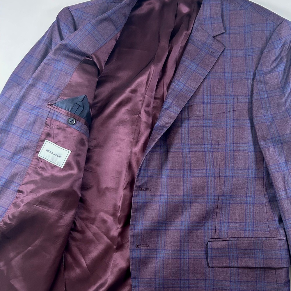 Peter Millar Flynn Sport Coat Mens 48R Purple Blue Windowpane Plaid Wool Blazer